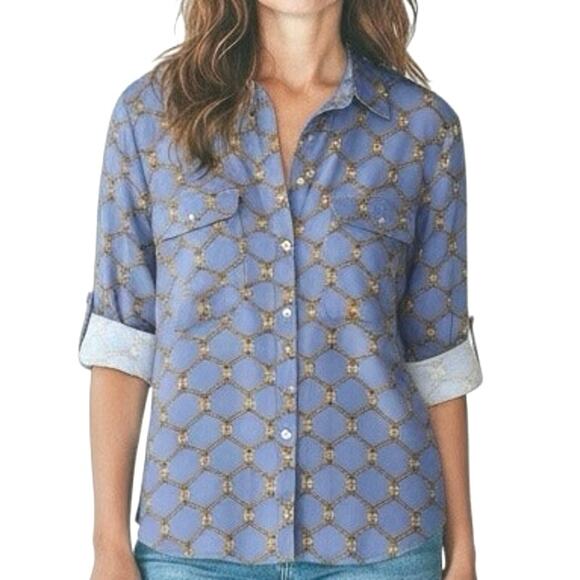 J. McLaughlin Catalina Cloth Tab Sleeve Button Front Chain Link Print Blouse - Picture 1 of 11